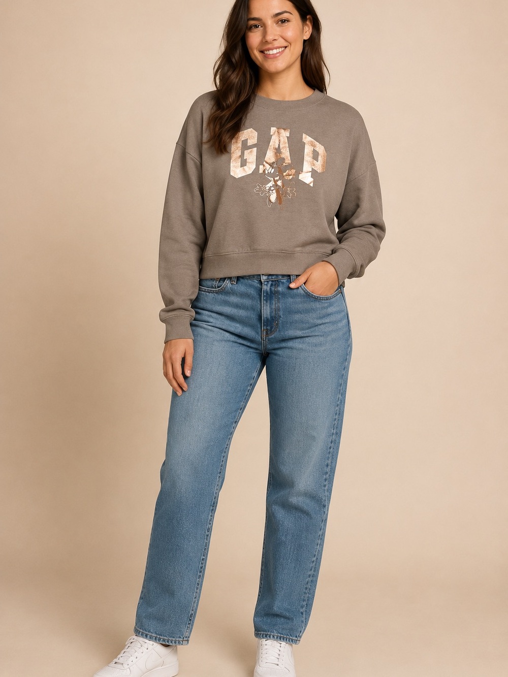 GAP x Disney Minnie Mouse Metallic Logo Sweatshirt Taupe Size M NWT